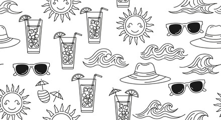 Seamless pattern of summer vacation icons like sun, cocktail, wave, hat, and sunglass