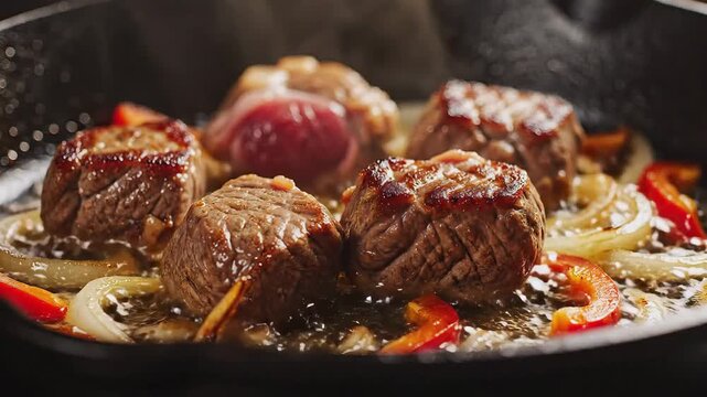 Delicious sizzling steak cooking in a pan with vegetables and spices.