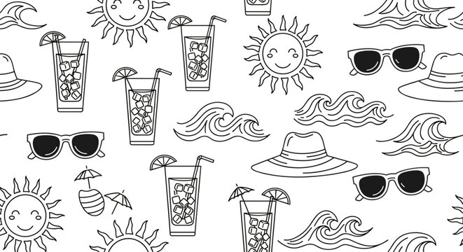 Seamless pattern of summer vacation icons like sun, cocktail, wave, hat, and sunglass