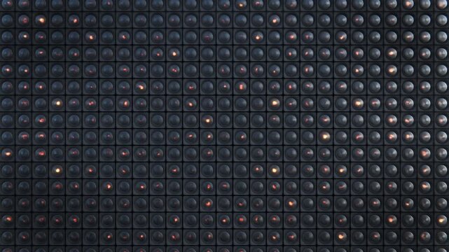 Flashing bright retro studio spot lights or bulbs grid in dark environment making full flash effect with random pattern, repeating animation. 