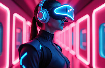 Woman wears futuristic VR headset and headphones. She is in neon lit tunnel wearing cyberpunk outfit. Virtual reality technology experience.