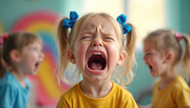 Three children express strong emotions indoors. One child screams with mouth open wide, showing distress. Other kids also look upset, with faces contorted in anger and sadness.