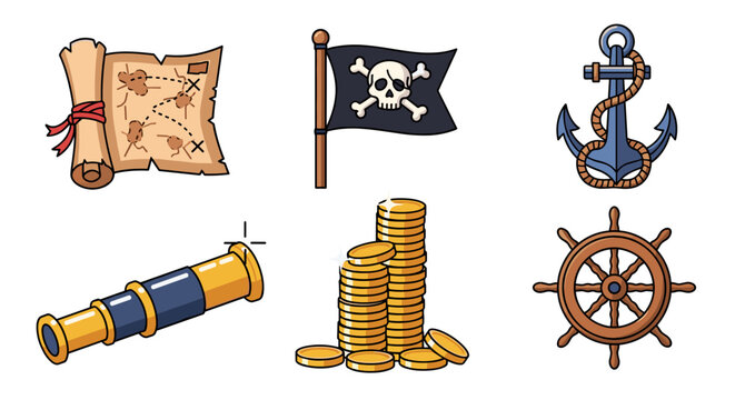 Collection of pirate treasure and navigation icons