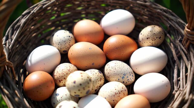 Basket with assorted eggs, white, brown, and speckled, displayed with natural lighting