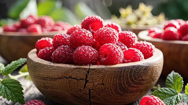 Fresh Raspberries in Wooden Bowls on a Rustic Table.