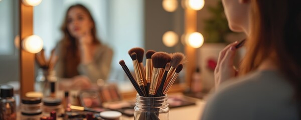 Woman does makeup in front mirror using many brushes. Cosmetics on vanity table. Girl applies beauty products. Blurred background of makeup routine. Skin care and fashion concept. Home visage process