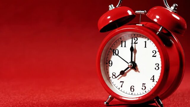 Classic red twin bell alarm clock showing exactly eight oclock against a vibrant red background with copy space 4k video