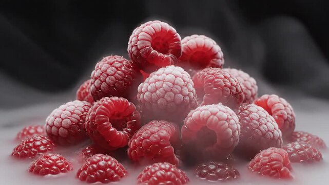 Frozen Raspberries with Dry Ice Smoke Effect Close Up.