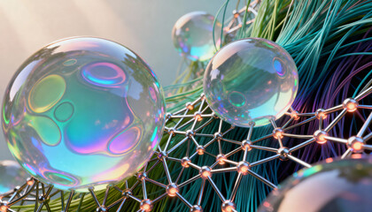 abstract fusion of organic cellular structures and synthetic fiber networks, echoing modern biotech aesthetics  colorful 3d