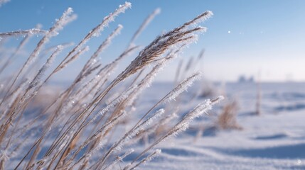 Obraz premium Tall grass with frosty tips stands against a clear blue sky in a serene winter setting. The scene captures the beauty of nature in the cold season, highlighting intricate ice crystals.