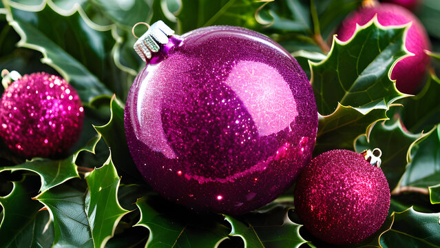 Festive Magenta Glitter Christmas Ornaments & Green Holly - Powered by Adobe