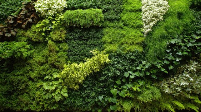 This vertical garden features a vibrant array of green plants arranged on a wall in an indoor space, creating a lively atmosphere.