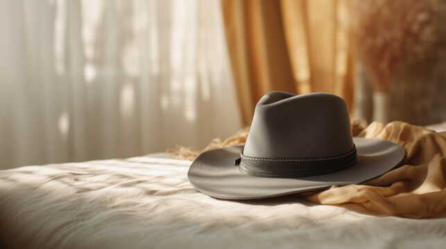 Stylish gray hat resting on a bed beside draped fabric in a softly lit room during the afternoon