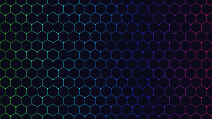 Abstract technological background with colorful glowing hexagonal grid pattern