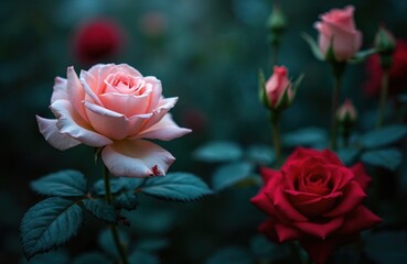 Naklejka premium Pink and red roses bloom in a shadowy garden. Delicate petals unfurl under soft light. Dark moody flora forms a dreamy, magical background. Buds suggest new growth. Beauty in nature.