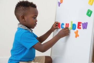A young African boy arranges colorful alphabet magnets on a whiteboard. Child learning to spell in a homeschool environment. Early childhood education and literacy concept