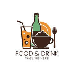Collection of food and beverage items like a glass, bottle, bowl, and fork, representing a restaurant or catering Vector logo template