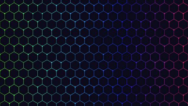 Abstract technological background with colorful glowing hexagonal grid pattern