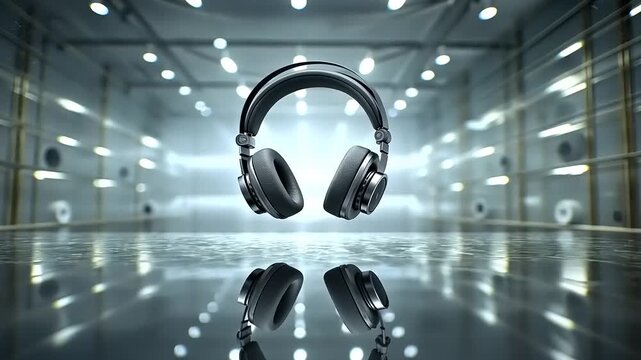 Experience immersive sound with modern headphones floating in a futuristic studio, perfect for audiophiles and music producers seeking studio quality audio