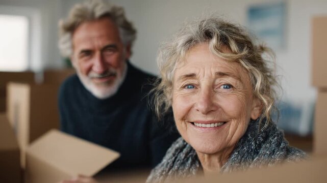 Senior couple moving into new home together. Elderly pair unpacking boxes in empty house. Mature retirees relocating to different residence happily. Active citizens starting fresh chapter indoors.