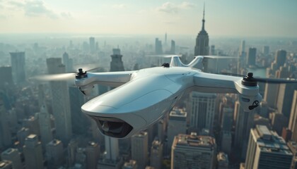 White futuristic drone taxi flies over Manhattan skyscrapers. Advanced air mobility vehicle offers fast urban commute in busy metropolitan cityscape. Automated flight shows future transport.