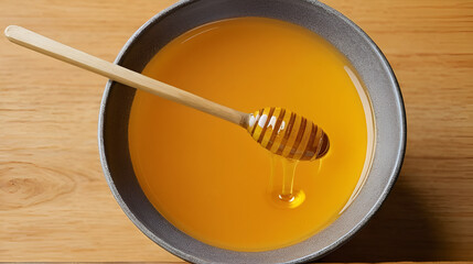A bowl filled with honey, featuring a wooden stick inserted into the contents