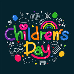 Happy Children's Day Cute Doodle Art Colorful Typography Vector Illustration Background Design
