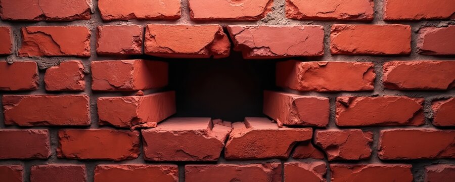Red brick wall with broken section, damaged bricks. Hole in brick masonry wall. Broken red brick texture background. Damaged brickwork with cracks. Old red brick surface with hole. Red brick