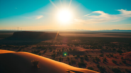 Australian outback landscape, northern territory in the light of a sun. Travel banner. Desert scene and blue sky background with copy space. Endless adventure concept