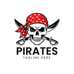 Skull and crossbones wearing a pirate bandana and eyepatch, representing adventure, danger, or piracy Vector logo template