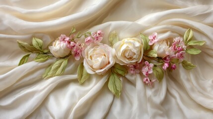 Obraz premium Soft fabric drapes elegantly with a lovely arrangement of silk flowers. The roses and blossoms, in creamy and pink shades, create a warm, inviting scene perfect for home decor.