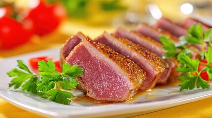 Fototapeta premium Succulent duck breast is beautifully sliced and plated. It is garnished with fresh parsley and bright cherry tomatoes, creating an appetizing presentation perfect for any meal.