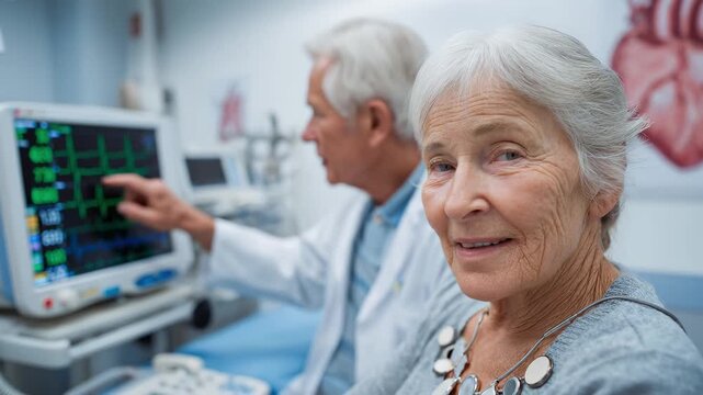 Senior woman visiting cardiologist for heart checkup. Elderly patient at doctor appointment in clinic. Mature retiree consulting with heart specialist indoors.