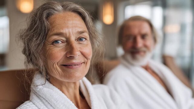 Senior couple relaxing on lounge chairs at pool. Elderly pair in bathrobes by swimming pool indoors. Mature retirees enjoying spa resort together. Active citizens unwinding at wellness center.