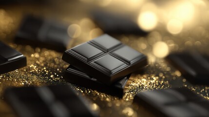 Premium Dark Chocolate Displayed on a Black Matte Surface With Golden Bokeh in the Background for a Luxurious Feel