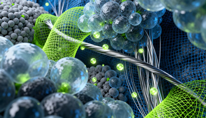 An abstract fusion of organic cellular structures and synthetic fiber networks, echoing modern biotech aesthetics