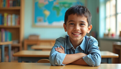 Smiling young Arab schoolboy sits at desk in classroom with arms crossed. Bookshelf and world map visible behind him. He looks happy and engaged in his studies.