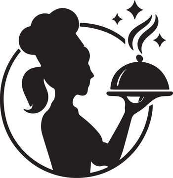 Chef woman silhouette serving delicious food in a circle emblem