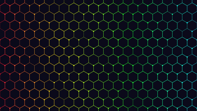 Colorful hexagonal pattern with connected dots on a dark background