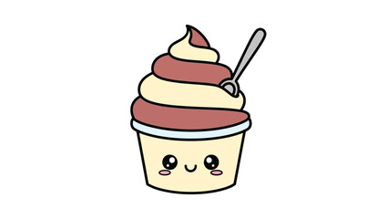 Cute cartoon ice cream cup with a spoon, kawaii style.