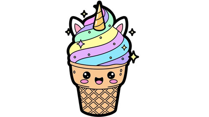 A cute unicorn ice cream cone with pastel swirls and a smiling face.