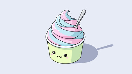 Cute cartoon frozen yogurt with a kawaii face and a spoon.