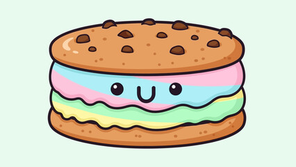Cute cartoon ice cream sandwich with a smiling face.