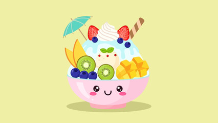 Cute cartoon dessert bowl with fruit, whipped cream, and a tiny umbrella.