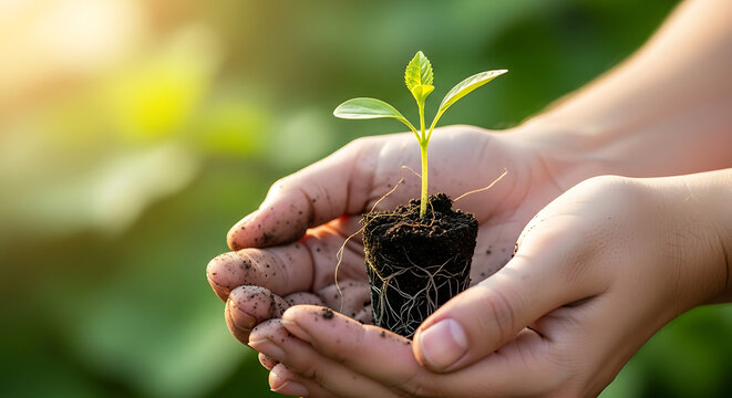 Human Hands Holding Young Plant Seedling with Soil and Roots in Sunlight - Powered by Adobe