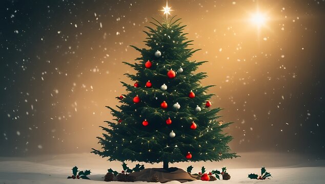 Decorated christmas tree with falling snow and warm golden light - Powered by Adobe