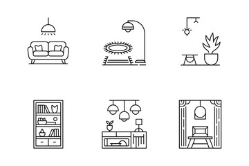 Collection of hand drawn line art interior design elements