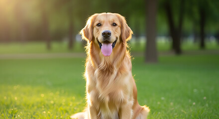 Happy Golden Retriever Dog Sitting on Green Grass in Park at Sunset
