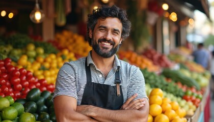 Smiling man stands at his market stall selling fresh fruits and vegetables. He wears an apron and has arms crossed. He offers a variety of organic produce for sale.