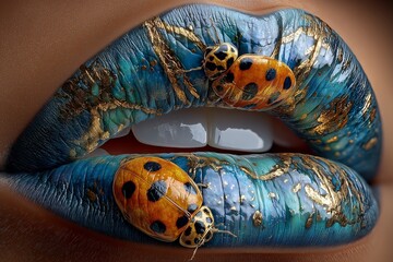 Lips adorned with 3D ladybugs and intricate blue patterns showcase bold makeup artistry, nature, and striking visual impact. The image conveys creativity, style, and dramatic flair.